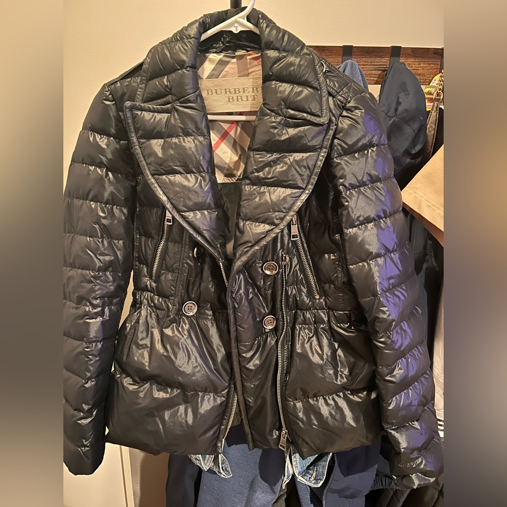 Women’s biker style, waist cinching, Burberry jacket